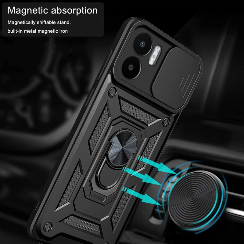 For Redmi 10 12 13 C Note 10 11 12 S 13 Pro Proplus 5G Stand Push Window Lens Protective Seismic Magnetic Car Mount Phone Case