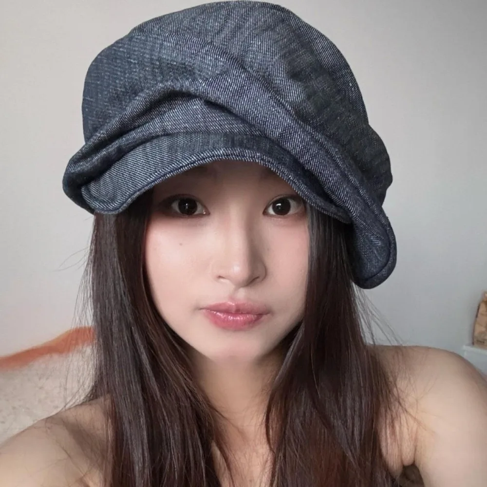 

Casual Japanese Denim Beret Cloth Cloud Octagonal Cap Newsboy Y2K Pleated Painter Hat Women