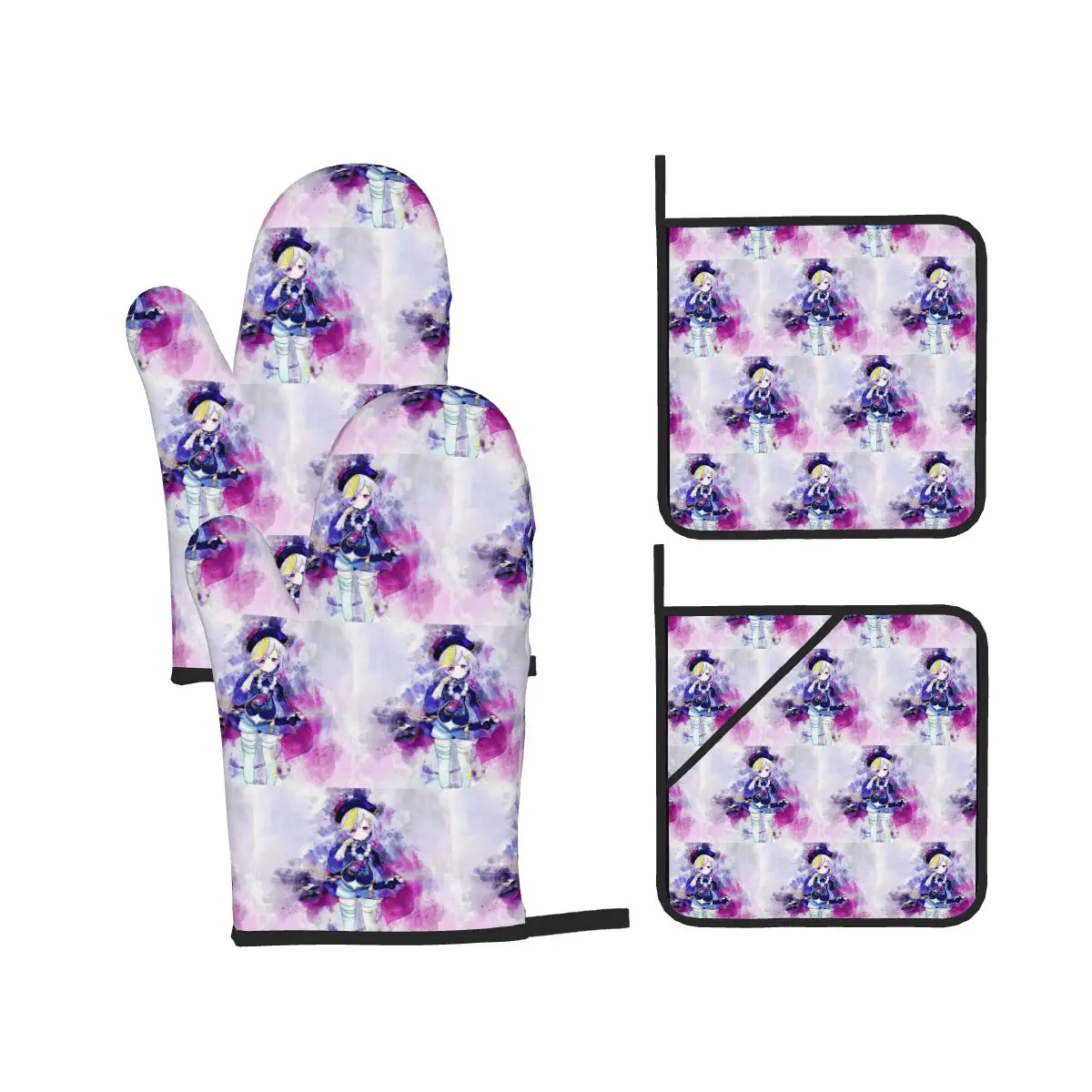 Genshin Impact - Qiqi Oven Mitts and Pot Holder Sets of 4 for Baking Kitchen Cooking Grilling Resistant Non-Slip Gloves