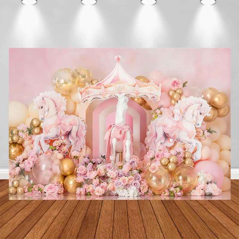 LS Photography Backdrop Pink Balloon Carousel Palace Decoration Princess Girl Birthday Party Backgrounds For Photographs