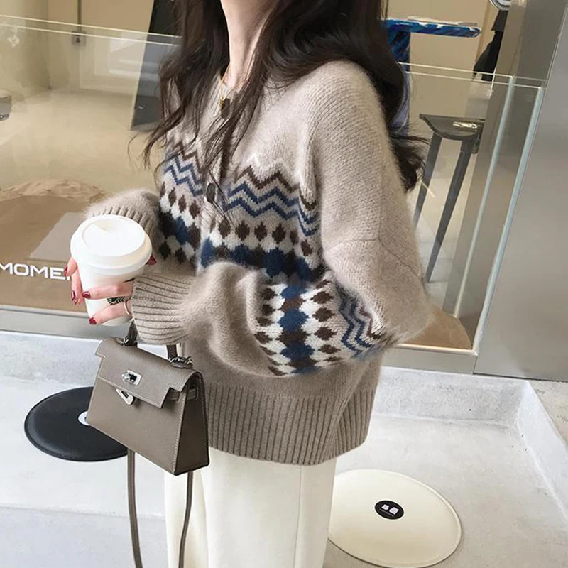 Rimocy 2023 Korean Cardigan Women Autumn Winter Long Sleeve Knitted Cardigans Woman Chic Button Up Printed Sweater Coat Female