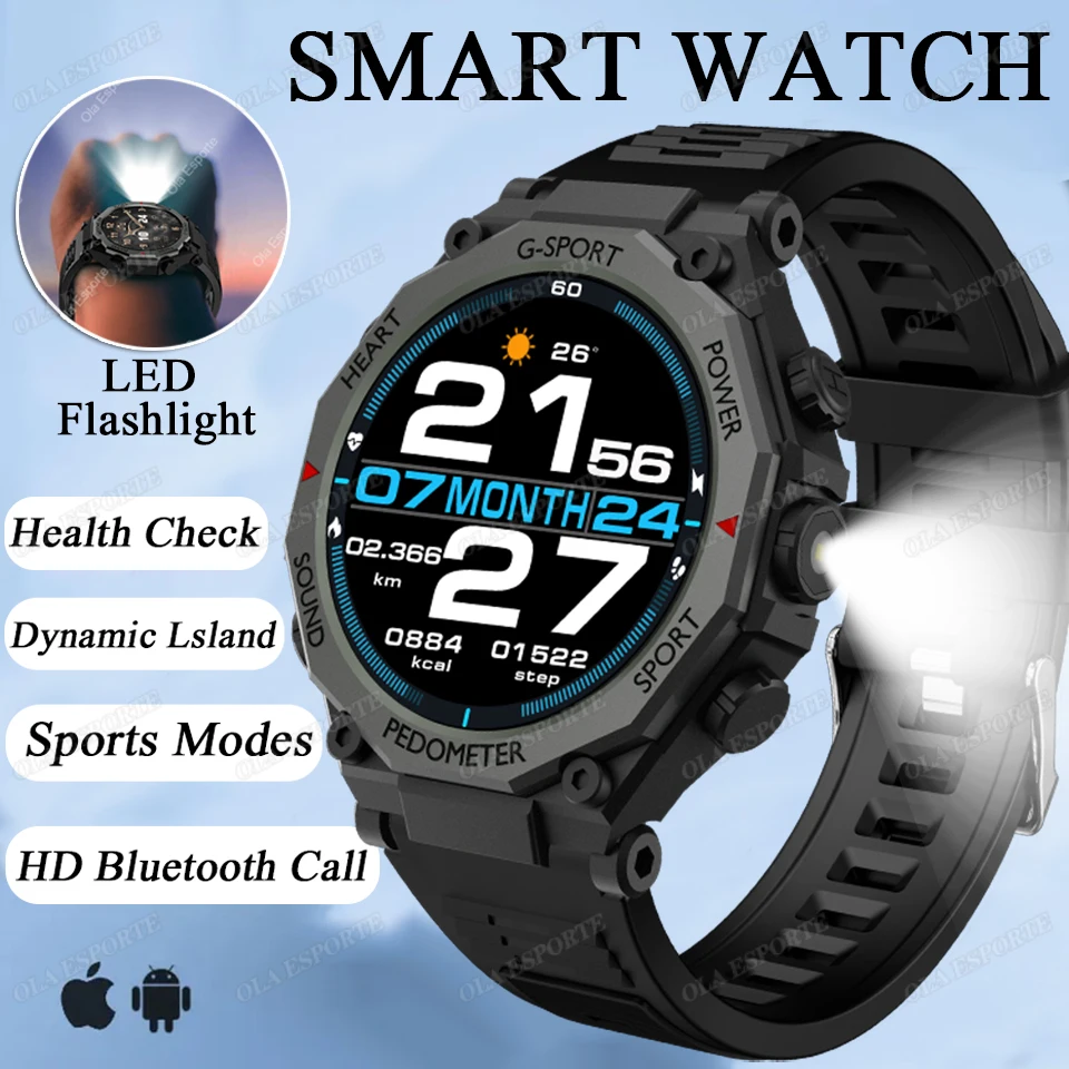 

2025 LED Flashligt Outdoor Sport Smart Watch Men Health Monitor HD BT Call GPS Tracker Waterproof Military Bracelets Smartwatch