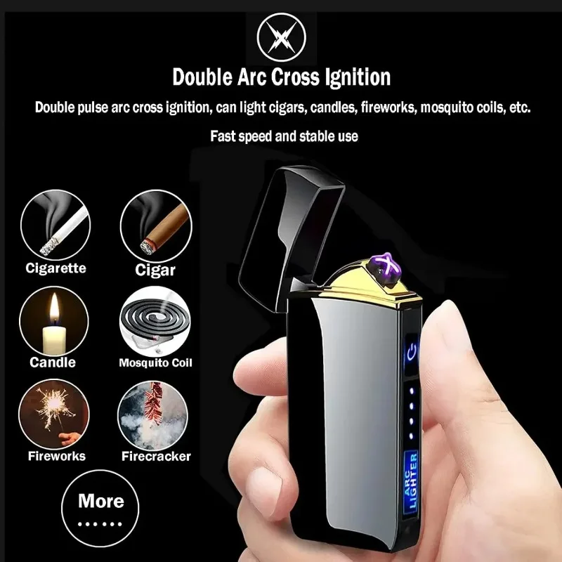 HOT Sell Metal Smart Windproof Electric Lighter Flameless Plasma Lighter Double Arc Usb Rechargeable Led Power Display Touch view 3
