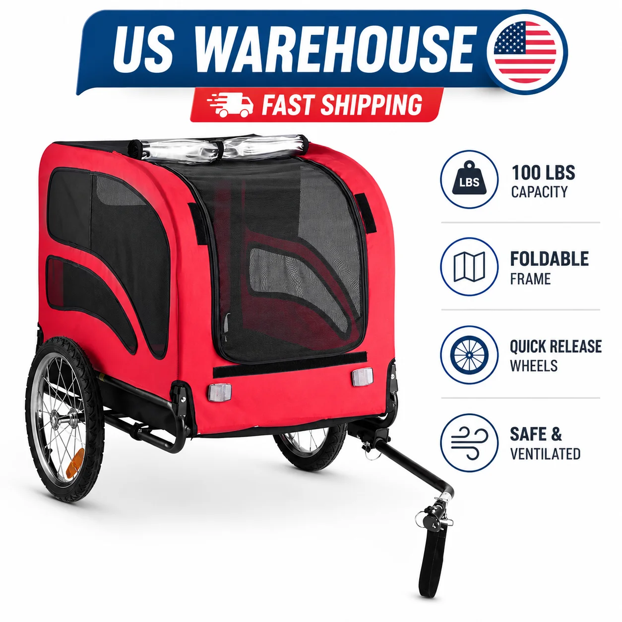 Dog Bike Trailer for Small Medium Large Dogs up to 100 lbs, Foldable Pet Bicycle Carrier with Quick Release Wheels, Universal Bike Coupler, Spacious Ventilated Cabin, Weather Cover, Safety Flag, Reflectors, Internal Leash for Outdoor Travel