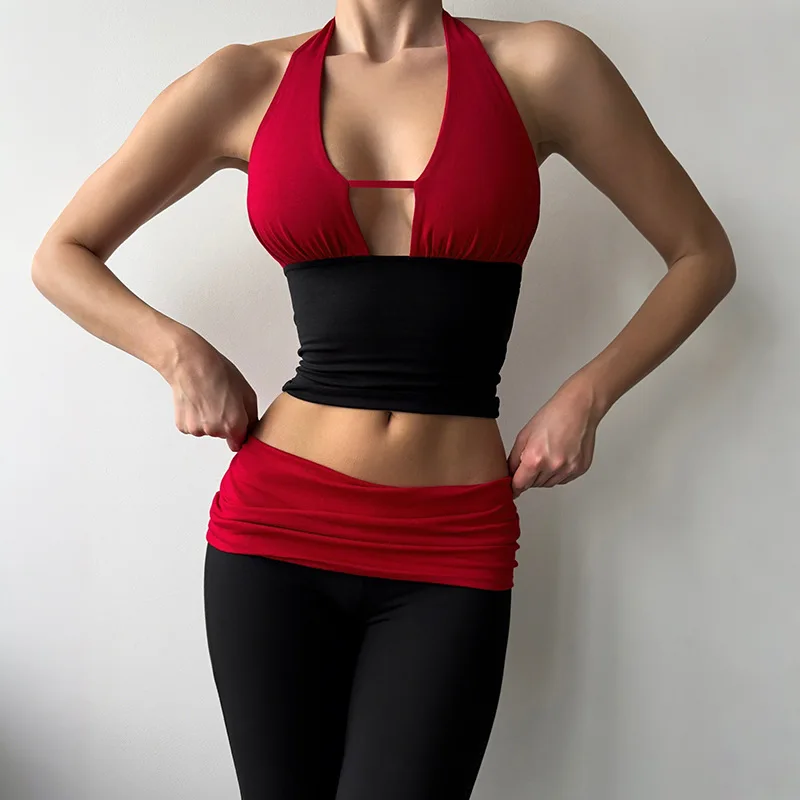 

2026 Summer Women's Sexy Neck Hanging Hollow Sling Vest Slim Fit Contrasting Color Slightly Pulled Trousers Set Plus Size 9XL