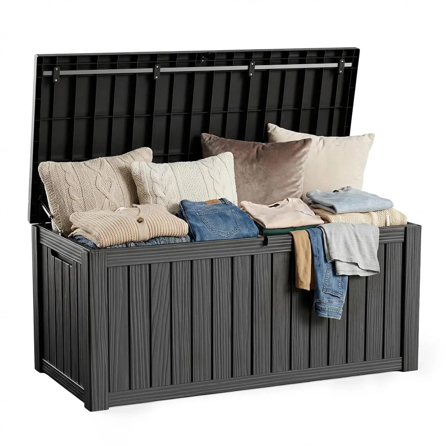 Waterproof, UV Resistant Resin Deck Box, Hydraulic Rod & Lockable Latch, For Patio Furniture & Garden Tools