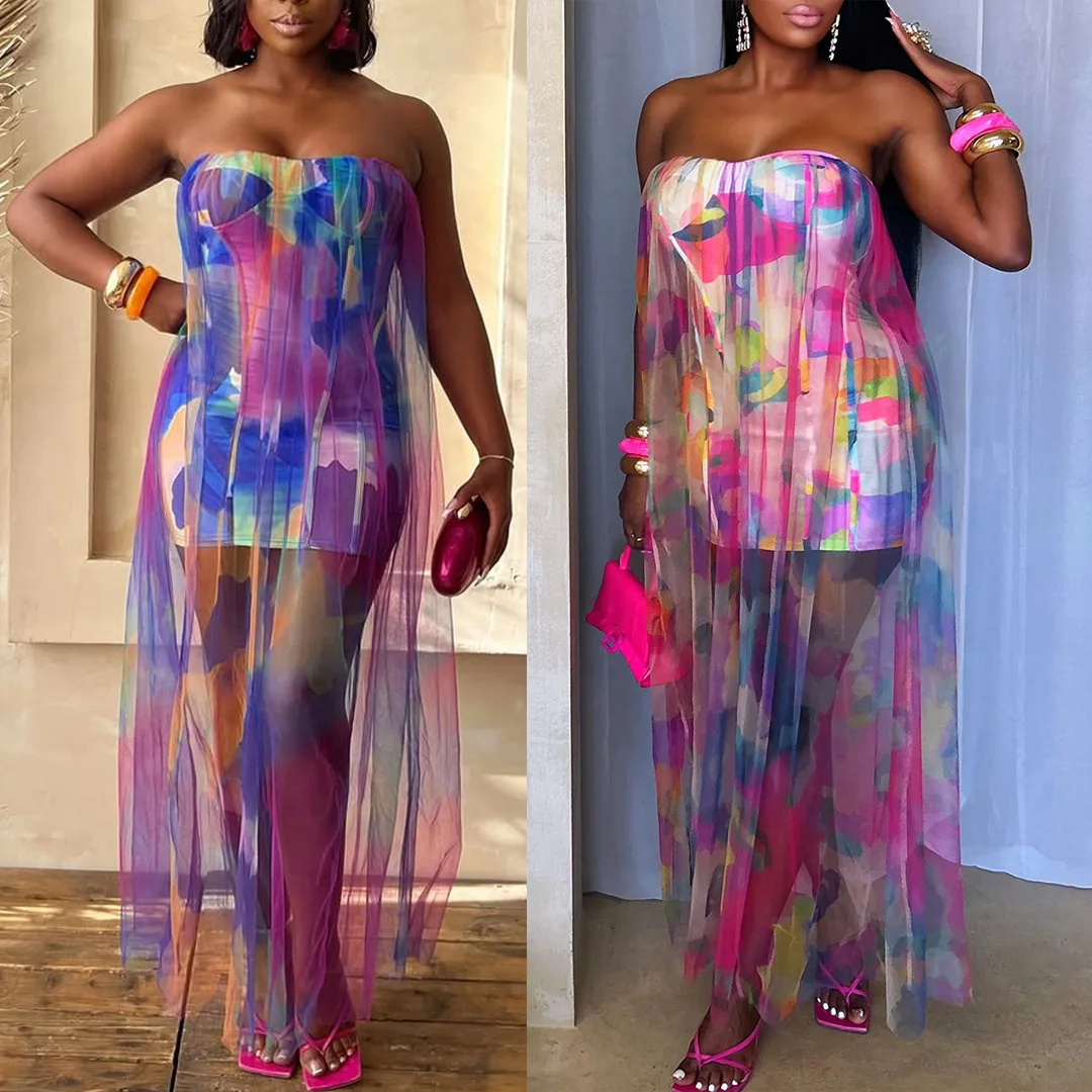 

BKLD Sexy Perspective Elastic Mesh Patchwork Hip Hugging Slim Fit Dress 2025 Spring Women Clothing Fashion Printed Long Dresses