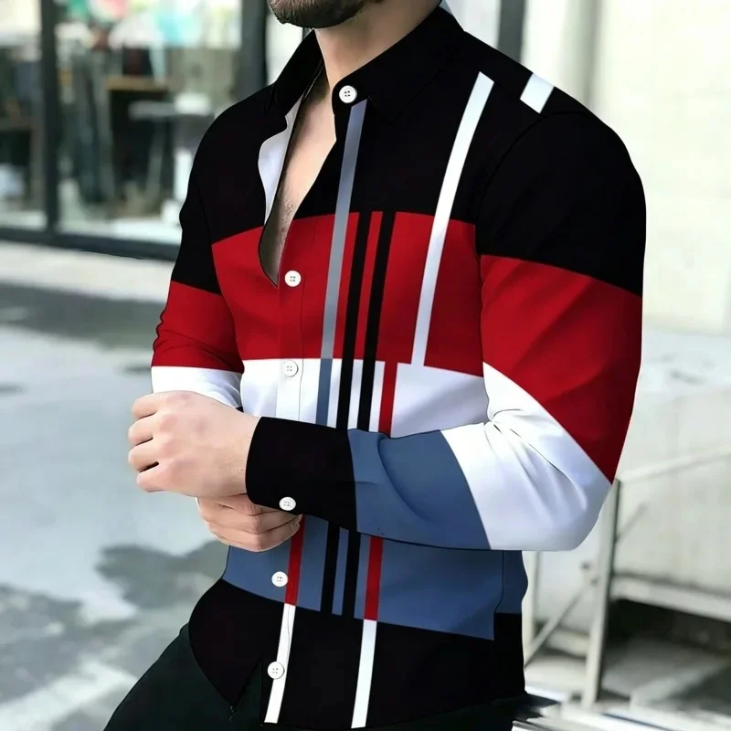 Men's Shirt with Contrasting Stripes, Long Sleeved Shirt, Simple Geometric Lines, Slim Fit Shirt, High-Quality Business Top