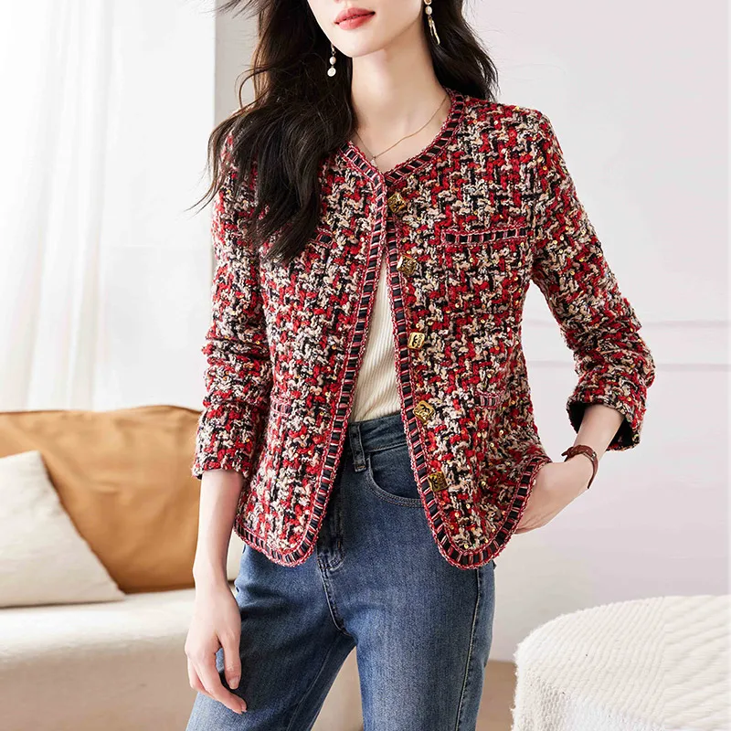 Small Fragrant Tweed Weave Plaid Jacket Coat New Autumn Winter Golden Single Breasted O Neck Long Sleeve Woolen Outwear Ladies