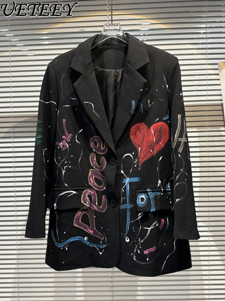 Black Loose Long Sleeve Suit Coat 2024 Spring New Niche Color Letter Graffiti Pattern Padded Shoulder Business Tailored Jacket