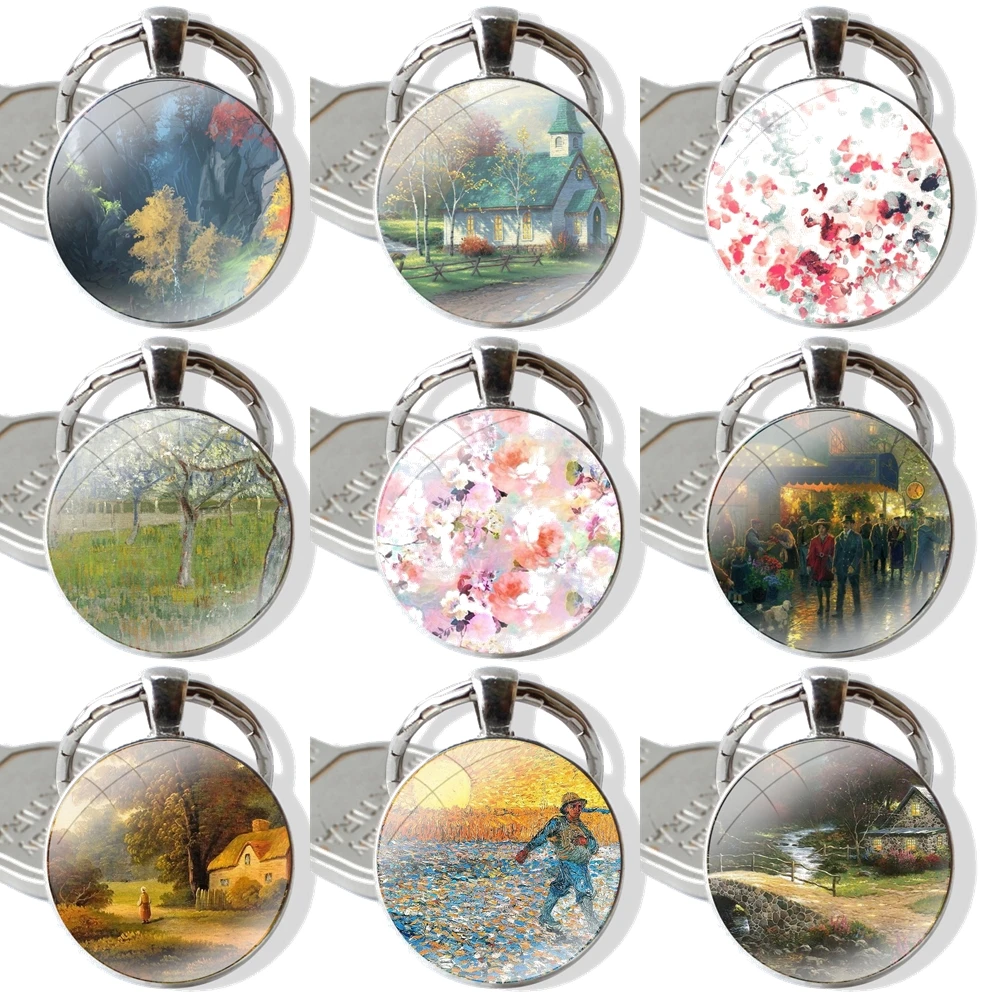 25mm Glass Cabohcon Keychain Key Rings for Women Men Jewelry Gift Van Gogh Landscae Flower Oil Painting