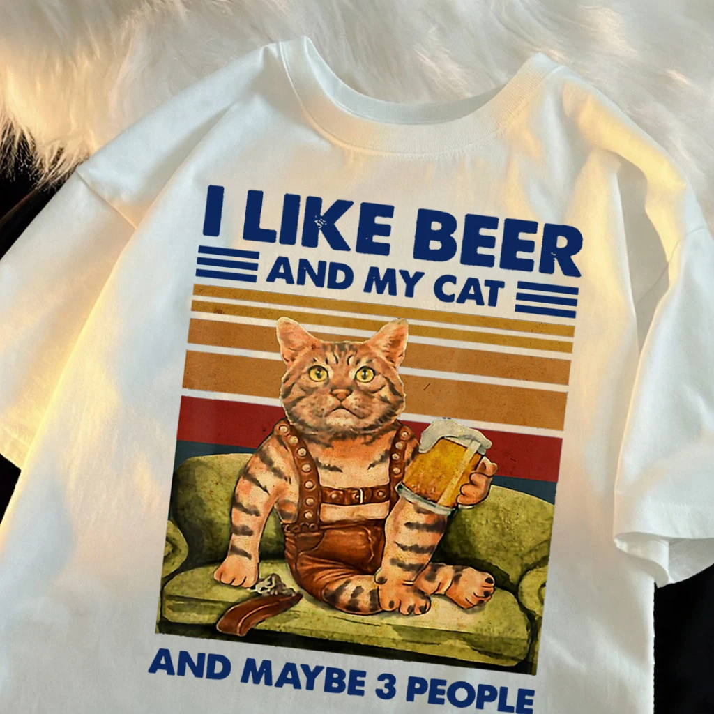 I Love Beer and My Cat Graphic T-shirt, Women's Summer Soft and Stylish T-shirt, Retro Sportswear, Versatile Basic Clothing.Y2K