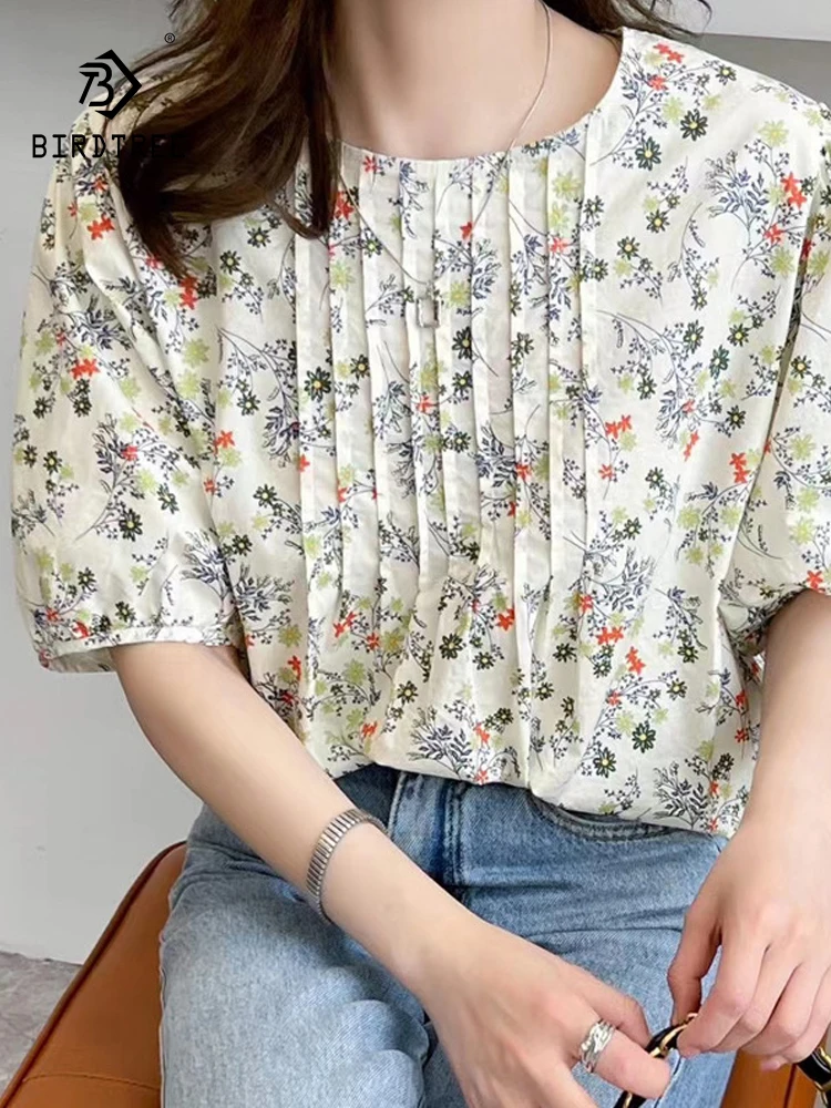 

New Spring Cotton Printed Shirt Women O Neck Puff Sleeve Folds Sweet Tops Girl Loose OL Versatile Blouses 2024 Autumn T45245QC