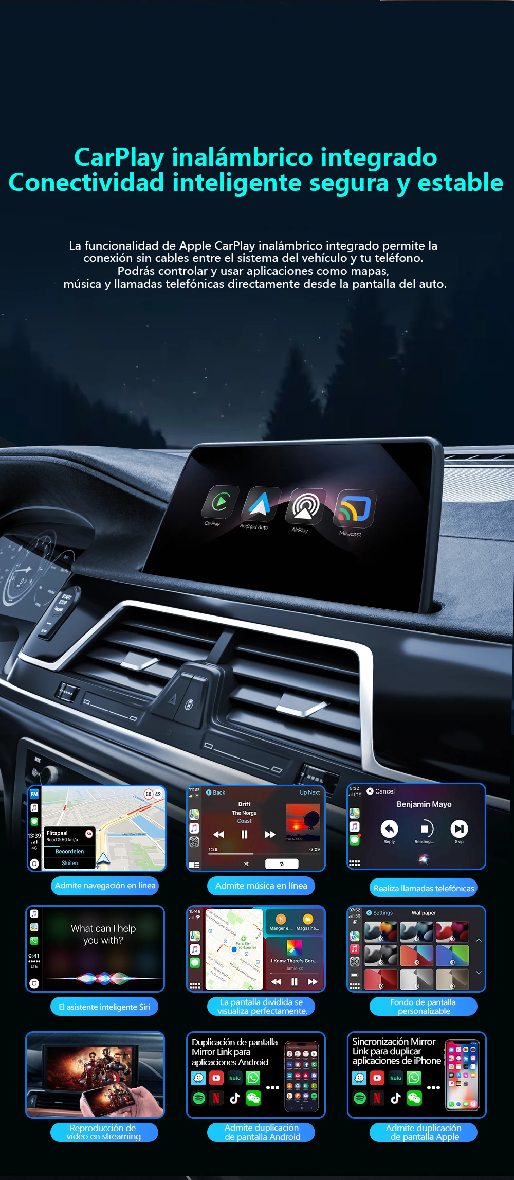 4-in-1 Kabelloser Carplay-Adapter, Multifunktions-Dongle für Carplay/Android Auto/Airplay/Mirror Link, Plug-and-Play WLAN 5GHz Kompatibel mit 98% aller Autos mit Original-Carplay ﻿ – Detail 9