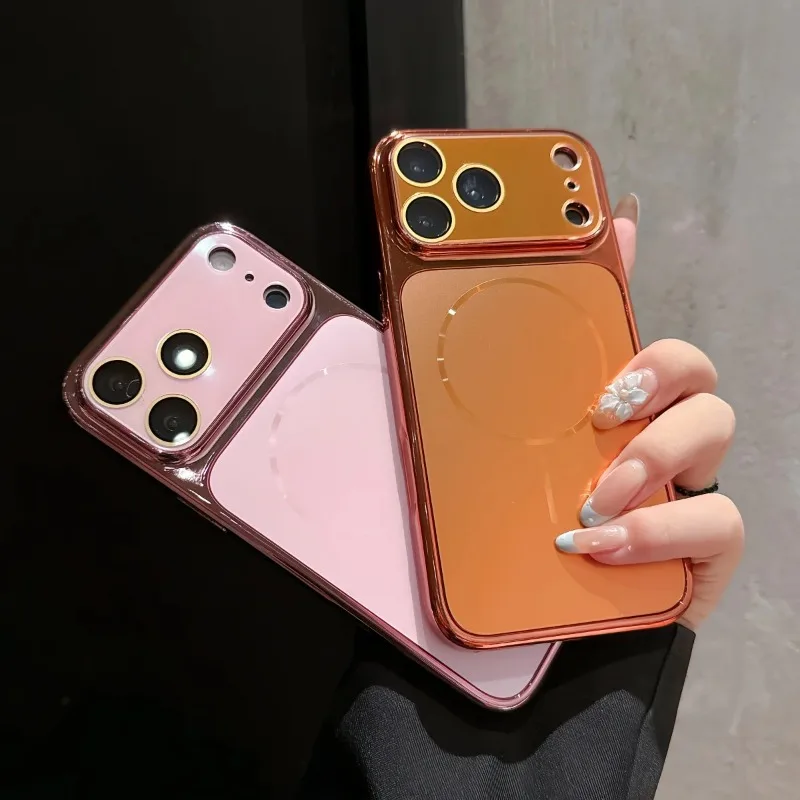Plating Frosted Large Window For Magsafe Magnetic Phone Case For iPhone 17 16 15 14 13 Pro Max Wireless Charge Shockproof Cover