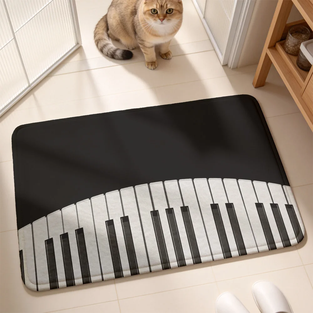 Curved Piano Keys Musical Flannel Non-Slip Floor Mat Soft Plush Rug Water Absorbent Bath Rug Entryway Floor Carpet Living Room