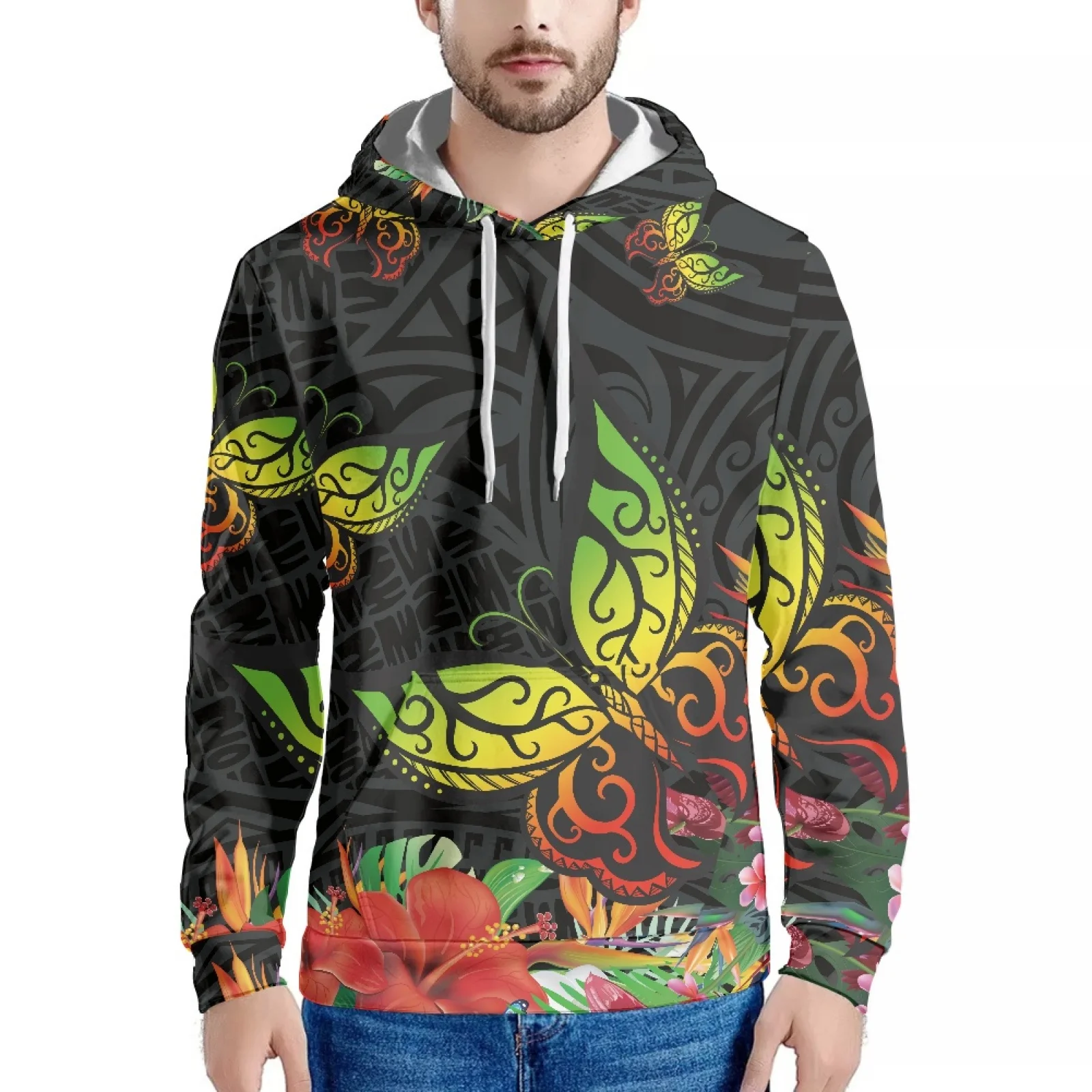 

Butterfly Print Samoa Polynesian Traditional Tribe Hawaiian Style Sweatshirt Long Sleeve Hoodie Slim Men Warm Hoodie Autumn