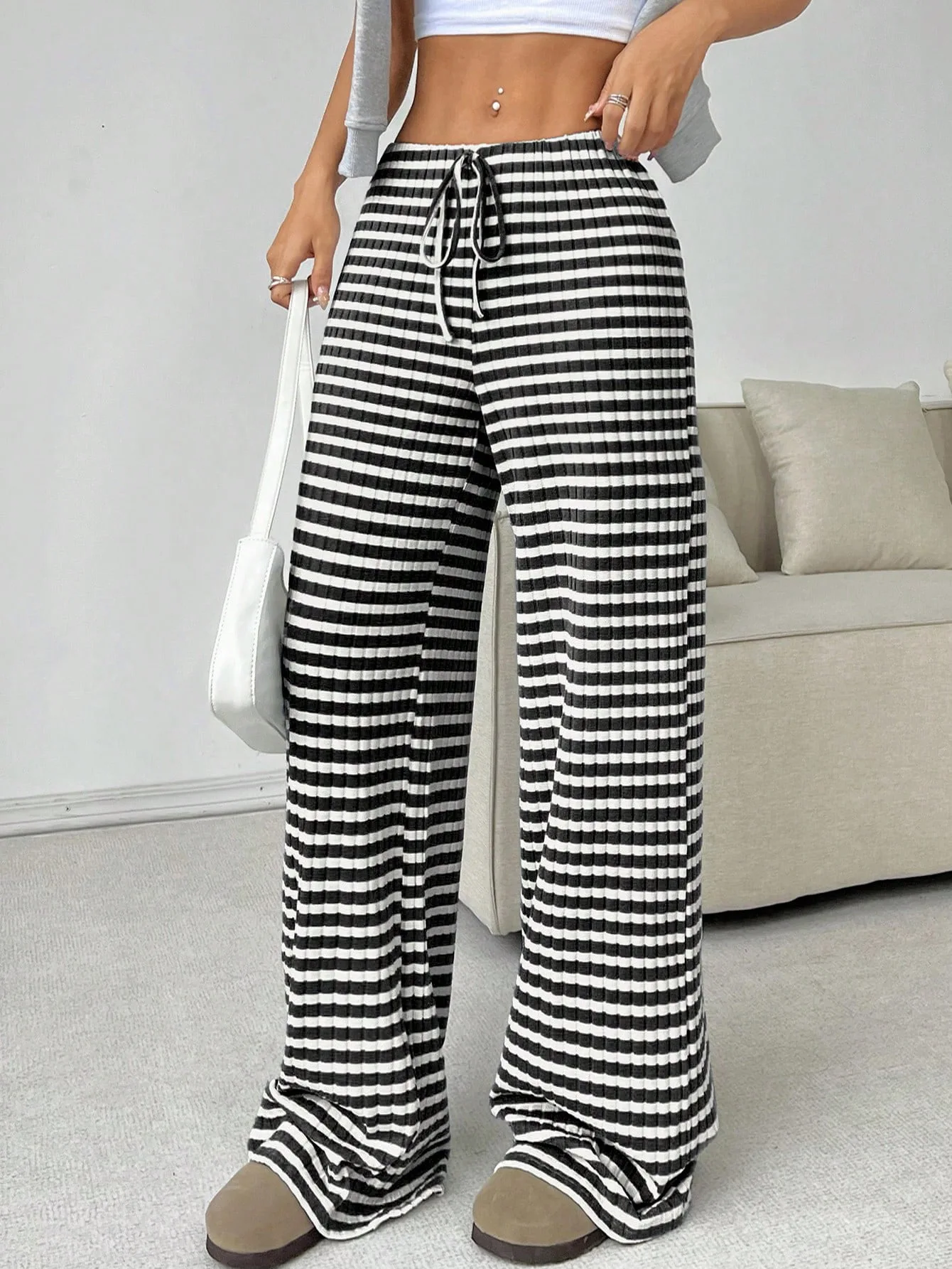 

Spring Autumn Women's Trousers Striped Straight Casual Fashion Street Black and White Pants for Women