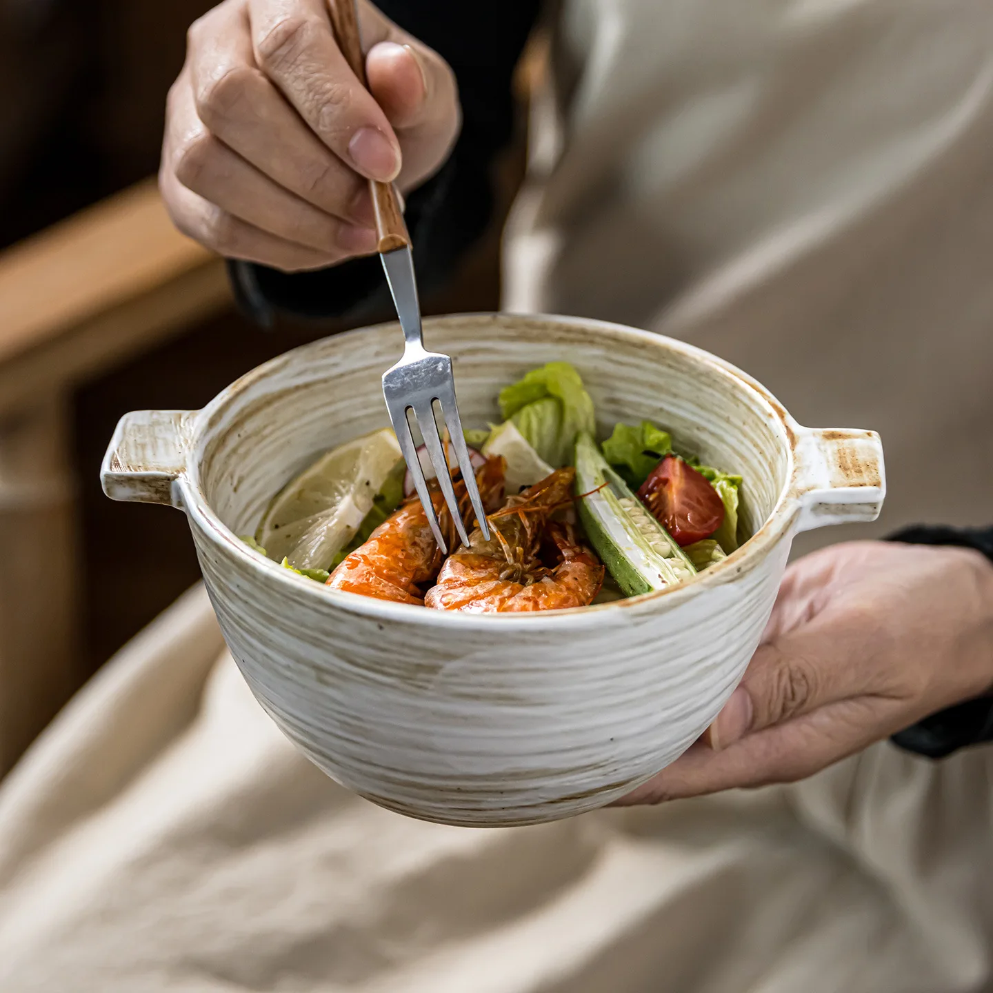 Japanese Wabi Sabi Retro Thick Ceramic Double Ear Bowl Handmade Household Soup Serving Bowl Dining Decor Holiday Gift