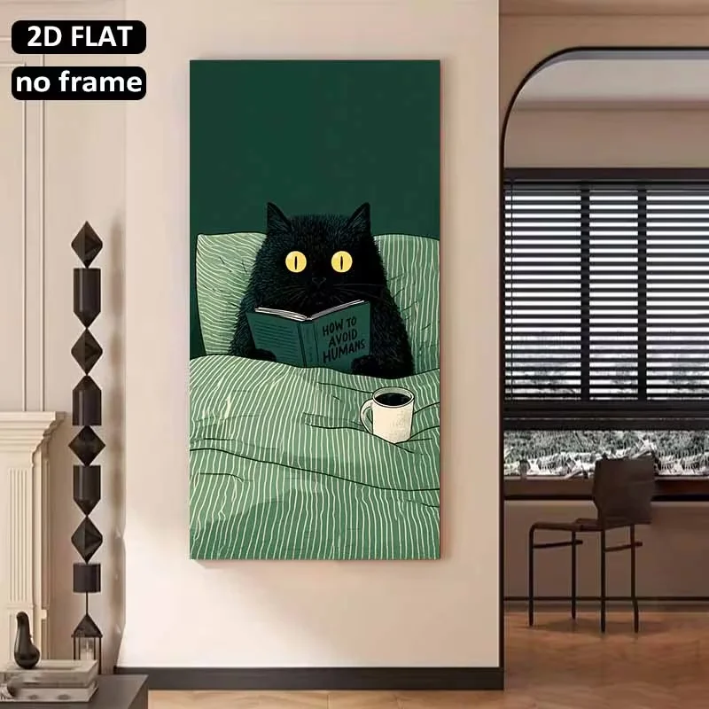 (1PC Unframe)2D Flat, 1pc Large Wall Canvas - Cat Reading 