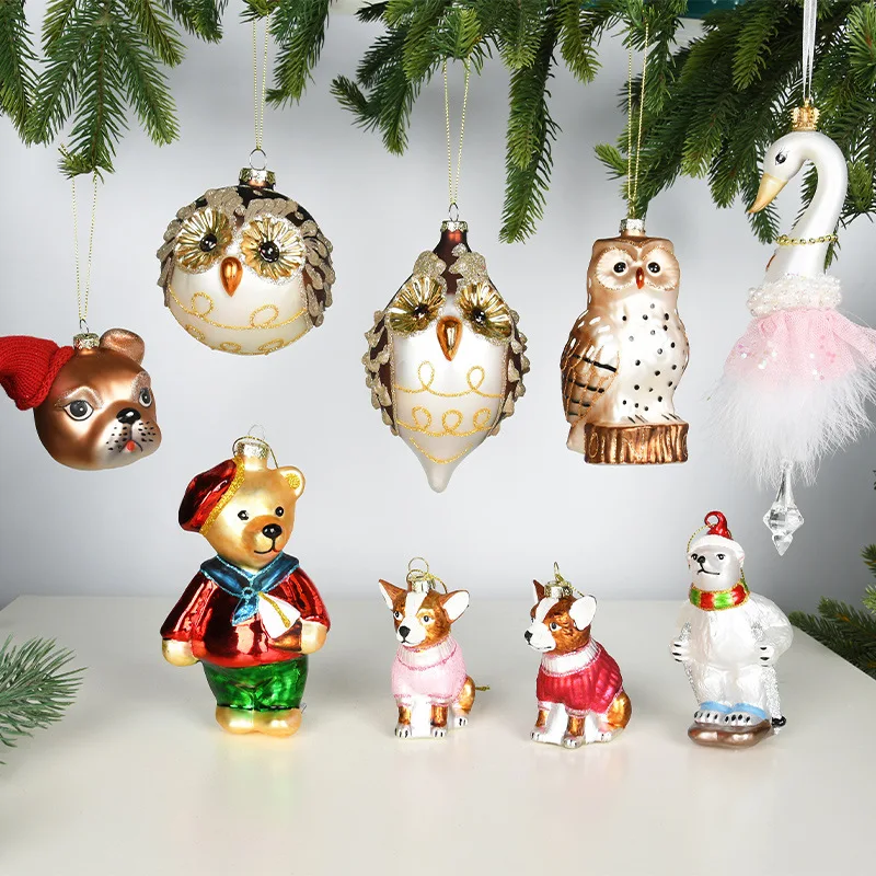 

1Pcs Christmas Decorations Creative Glass Painted Bear Puppy Owl Animal Small Pendant Hanging Atmosphere Scene Arrangement