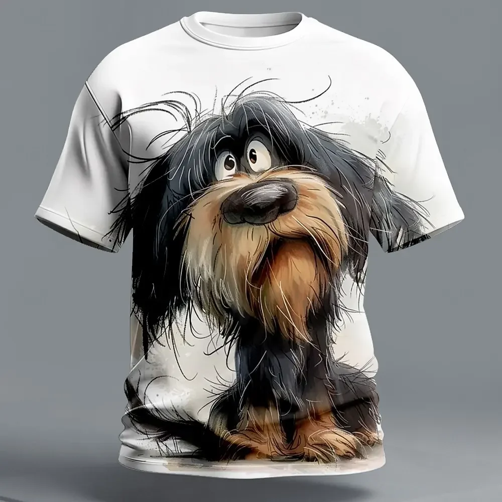 Camiseta Masculina Divertida com Estampa 3D de Cachorro Peludo, Moda Casual, Padrão de Animal Fofo, Roupa Masculina, Estilo Urbano, Solta, Gola Redonda, Manga Curta