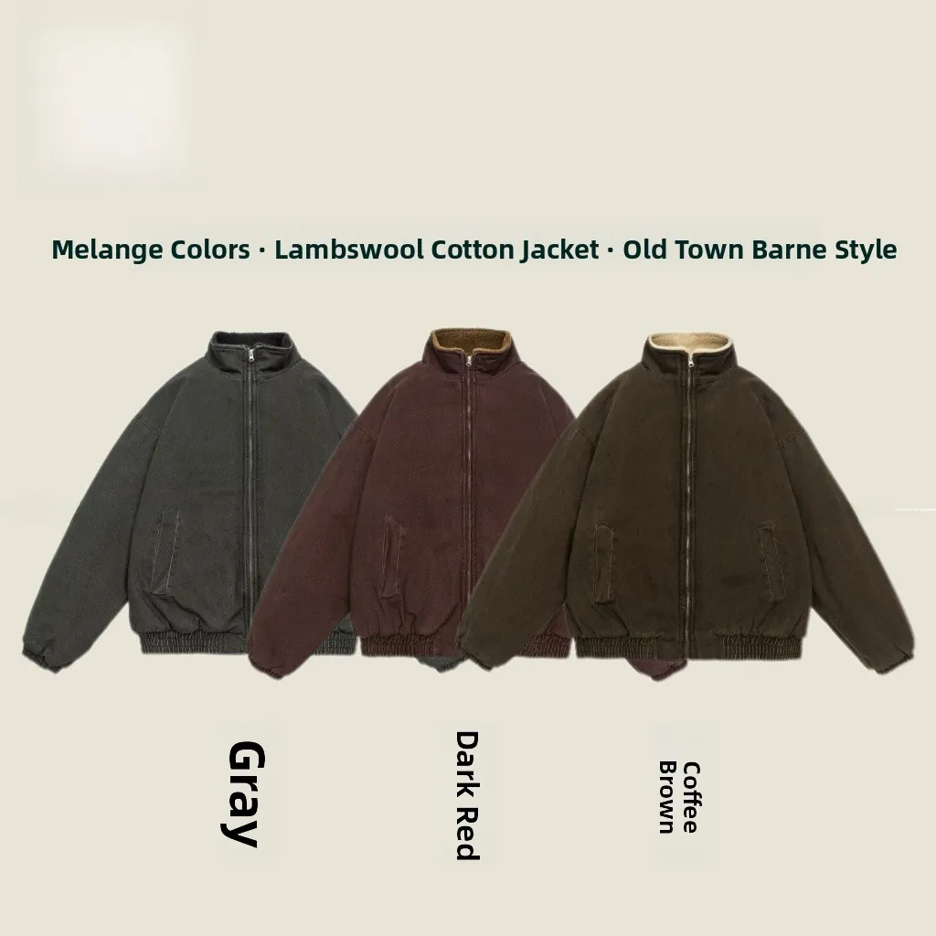 

Pure Color Lamb Fur Lined Cotton Jaet Men's Winter High-End Feel Casual Long Sle Thiened Retro Sle Couples Clothes