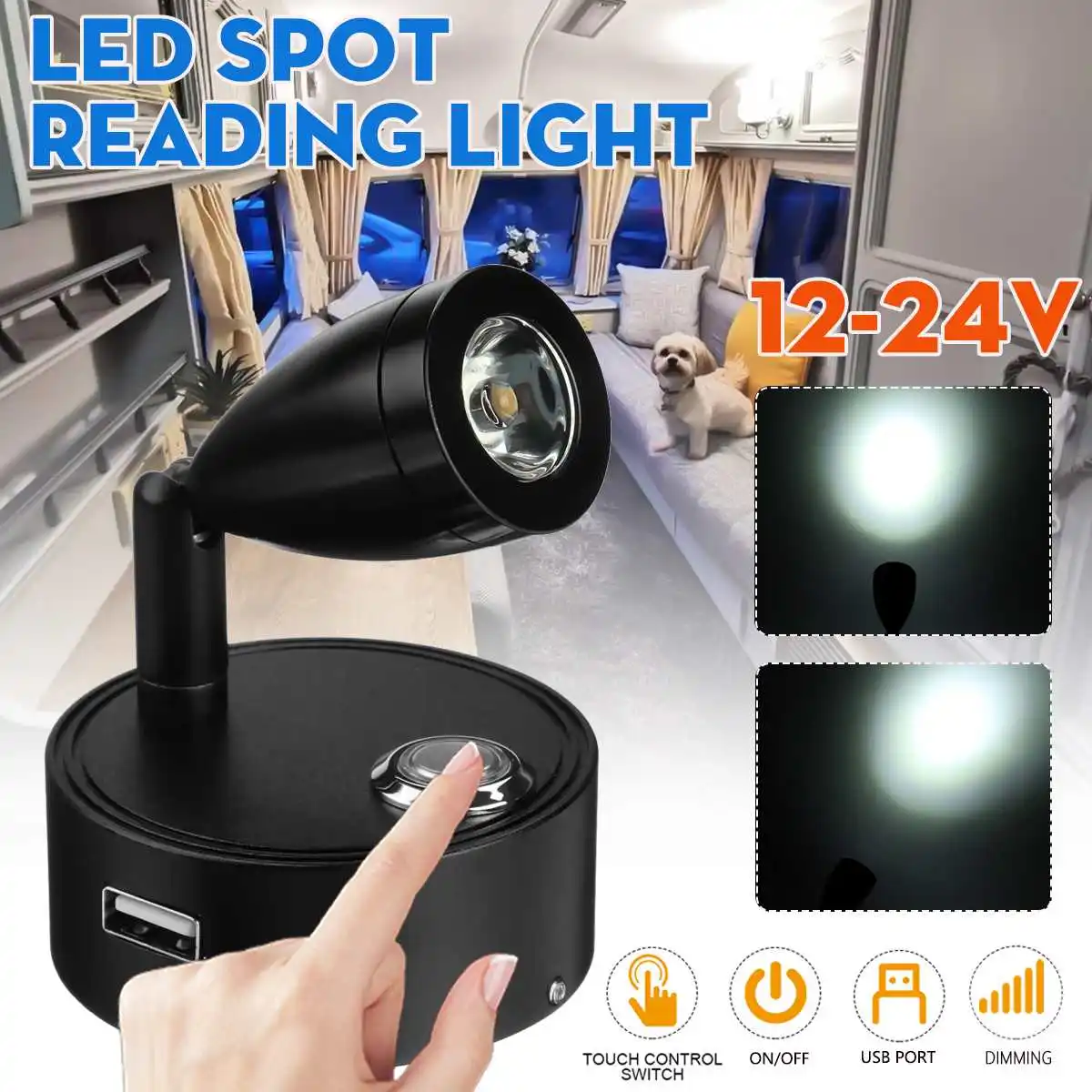 12-24V RV Interior Reading LED Spotlight Dimmable 360 Degree Rotatable Wall Lamp for Camper Van Caravan Boat with USB Port