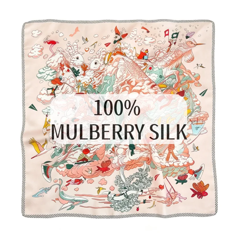 

100% Mulberry Silk Square Scarf Surreal Fairy Tale Print Nude Pink Neck Scarf Elegant Ladies Multi-purpose Headscarf Bandana