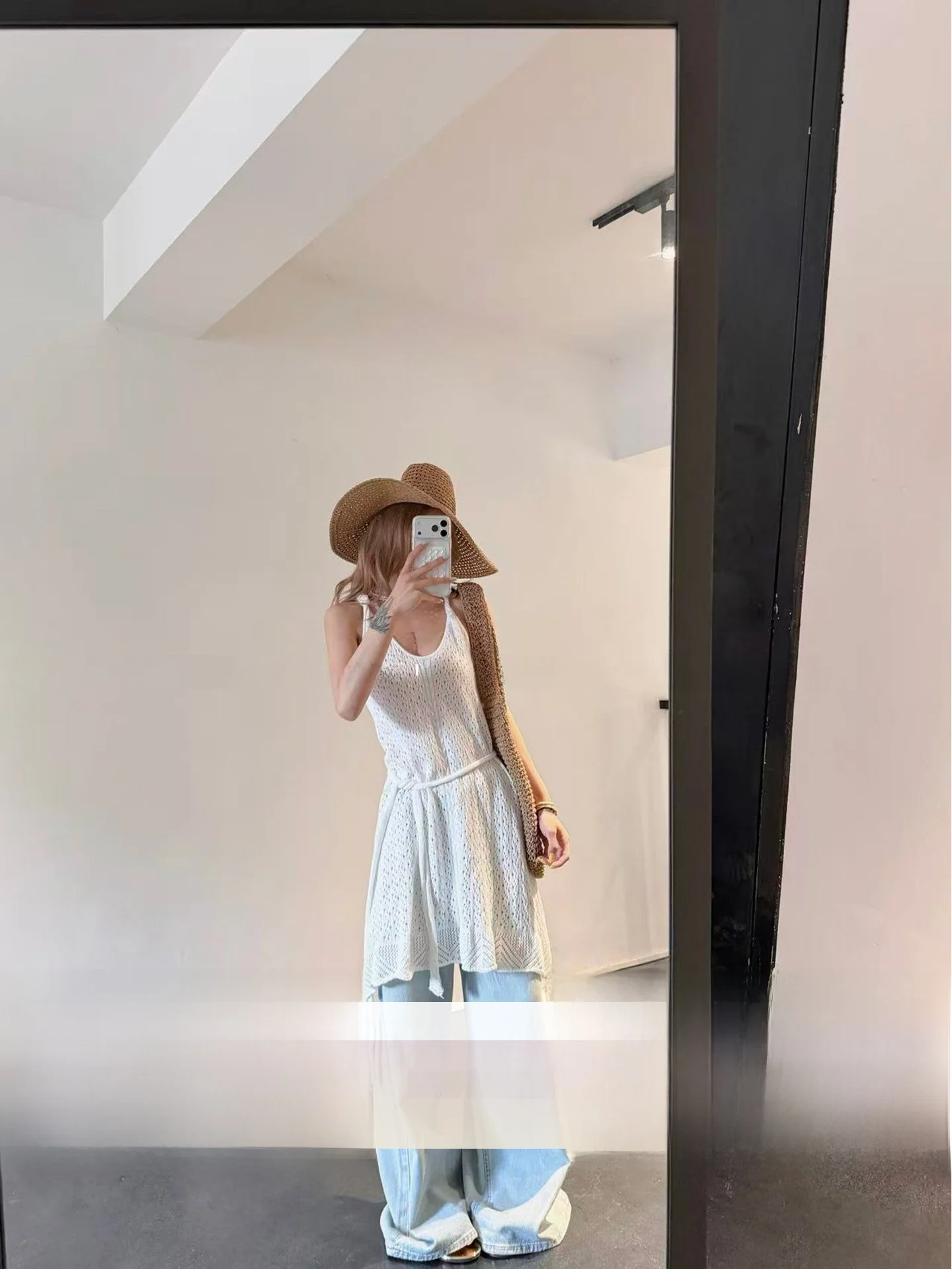 

Lili Miss Loose Holiday Vacation Style Hollow out Knitted Waist Belted Loose Feel Strap Dress Women's Summer Casual Dress