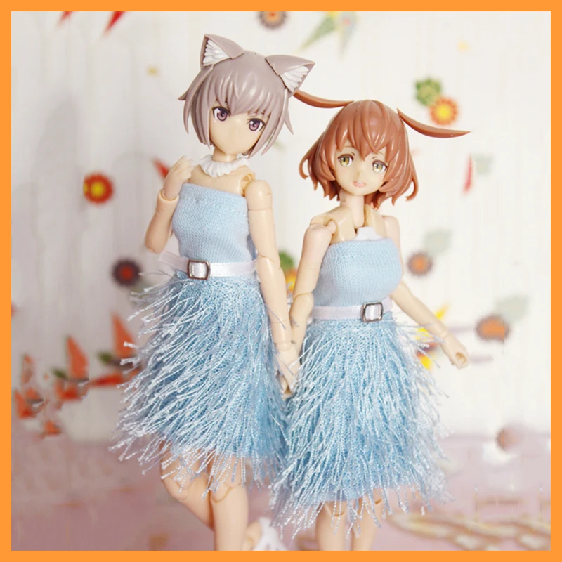 [High Quality] 1/12 Scale Dolls Sexy Light Blue Feather Gauze Strapless Dress with Leather Belt Model for azone fag blyth momoko