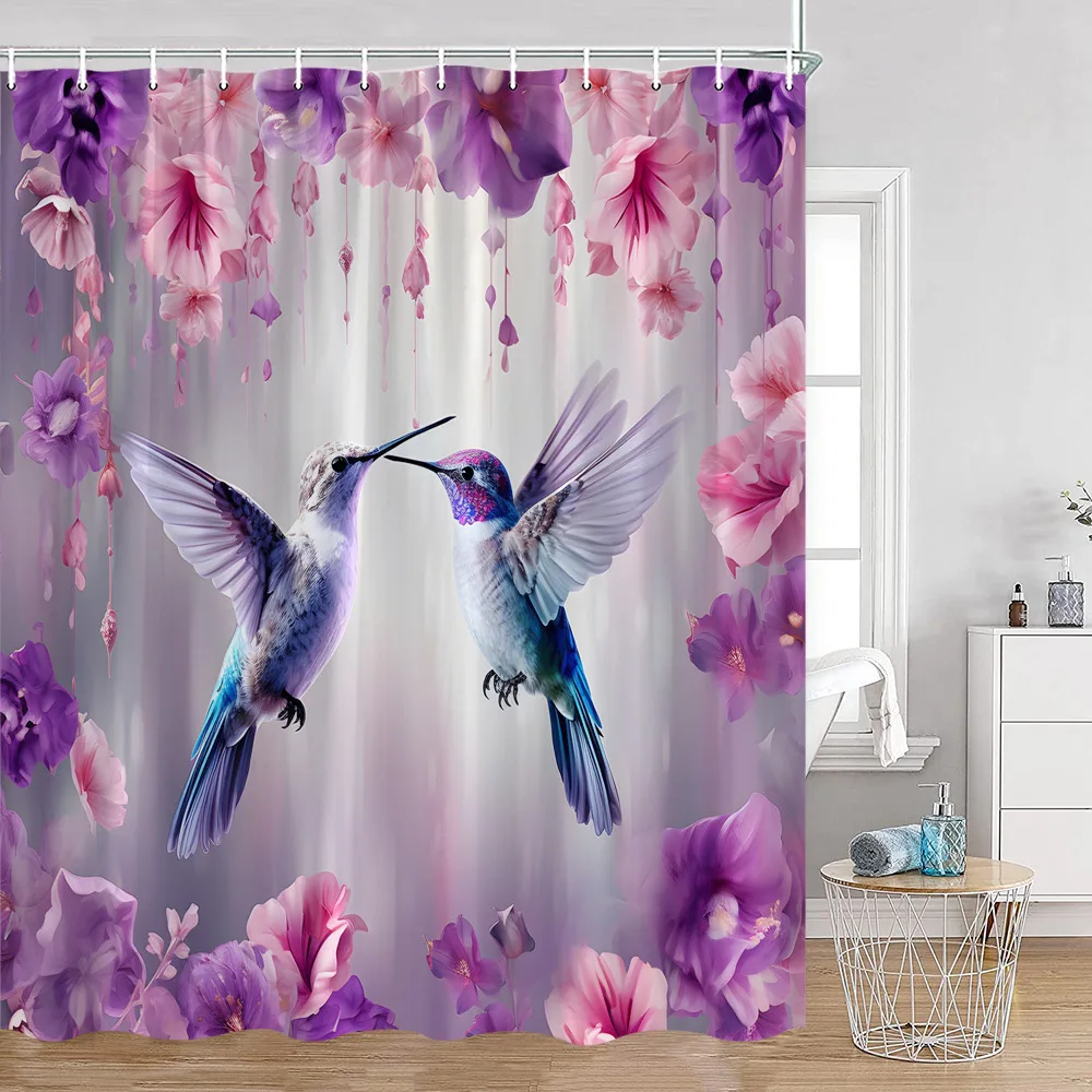 Birds Shower Curtains Parrots Hummingbird Tropical Plant Leaves Flowers Botanical Bathroom Curtain Modern Polyester Bath Curtain