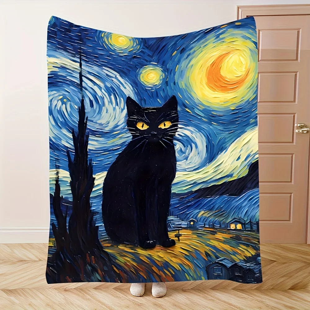 Starry Night with Black Cat Flannel Blanket - Soft, Warm, and Cozy, Travel, and Home Decor, Perfect Gift for Friends and Family