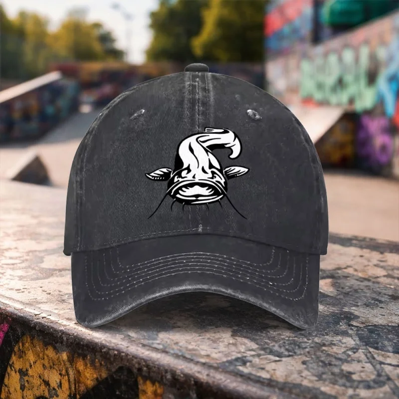 Casual Catfish Pattern Washed Baseball Cap Unisex Duckbill Hat for Outdoor Sports Daily Wear
