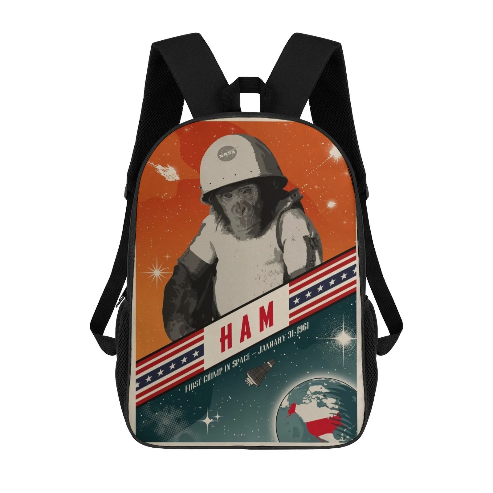 

Ham chimp in space Mochilas De Hombre Printed School Backpacks For Teenagers Class Bag For Girls 17 Inch School Backpack Bag