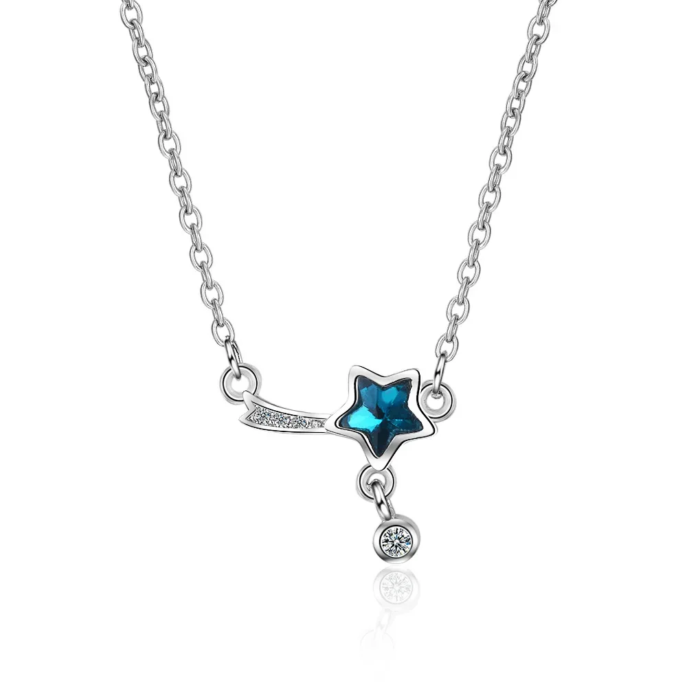 100% 925 Sterling Silver Blue Crystal Star Charm Pendant Necklace For Women Wedding Romantic Party Jewelry Choker Collar