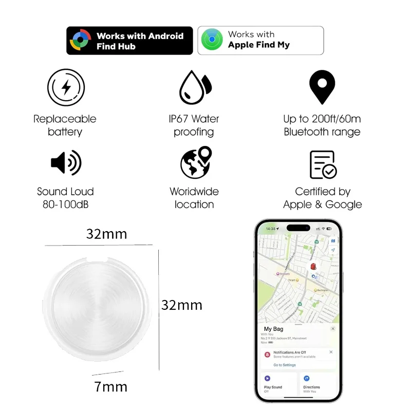 Smart Tag for Android or iOS, Dual System Smart Tags, Bluetooth Tracker Works with Apple Find My App or Google Find Hub, Locator