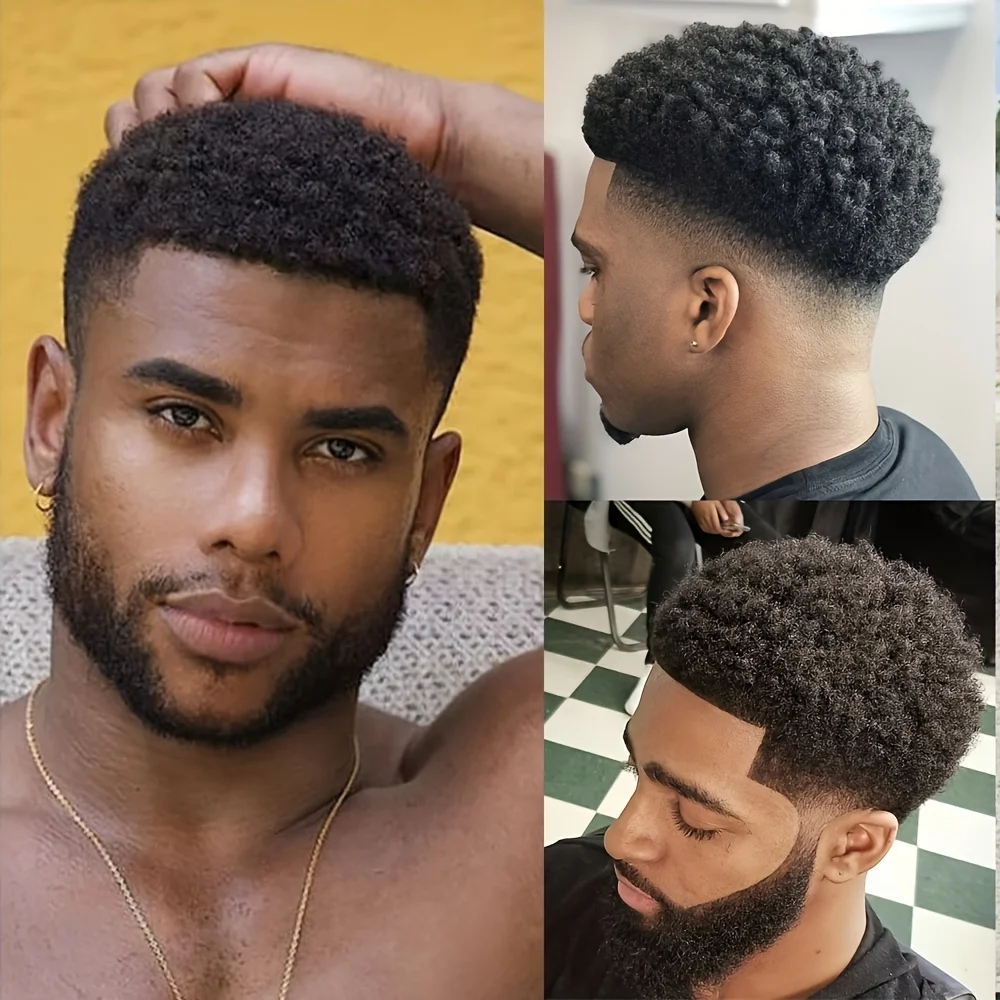 Men's Toupee Indian Remy Human Hair Wig - Natural Afro Curly/Kinky Texture, Hight Density Breathable Swiss Transparent Lace