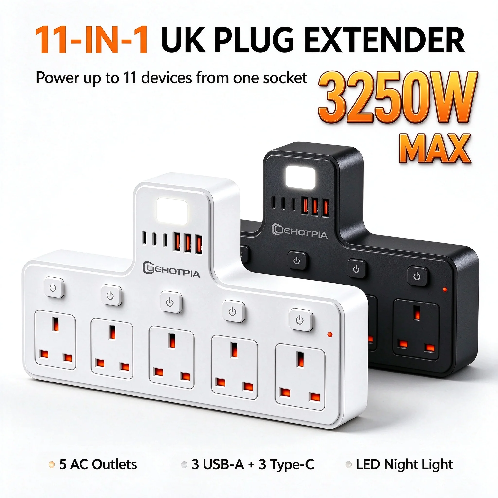 UK Socket Extender 5 Way Outlets with Individual Switches 4 USB Ports 3250W Wall Power Strip Multi Plug Extension Socket for Hom