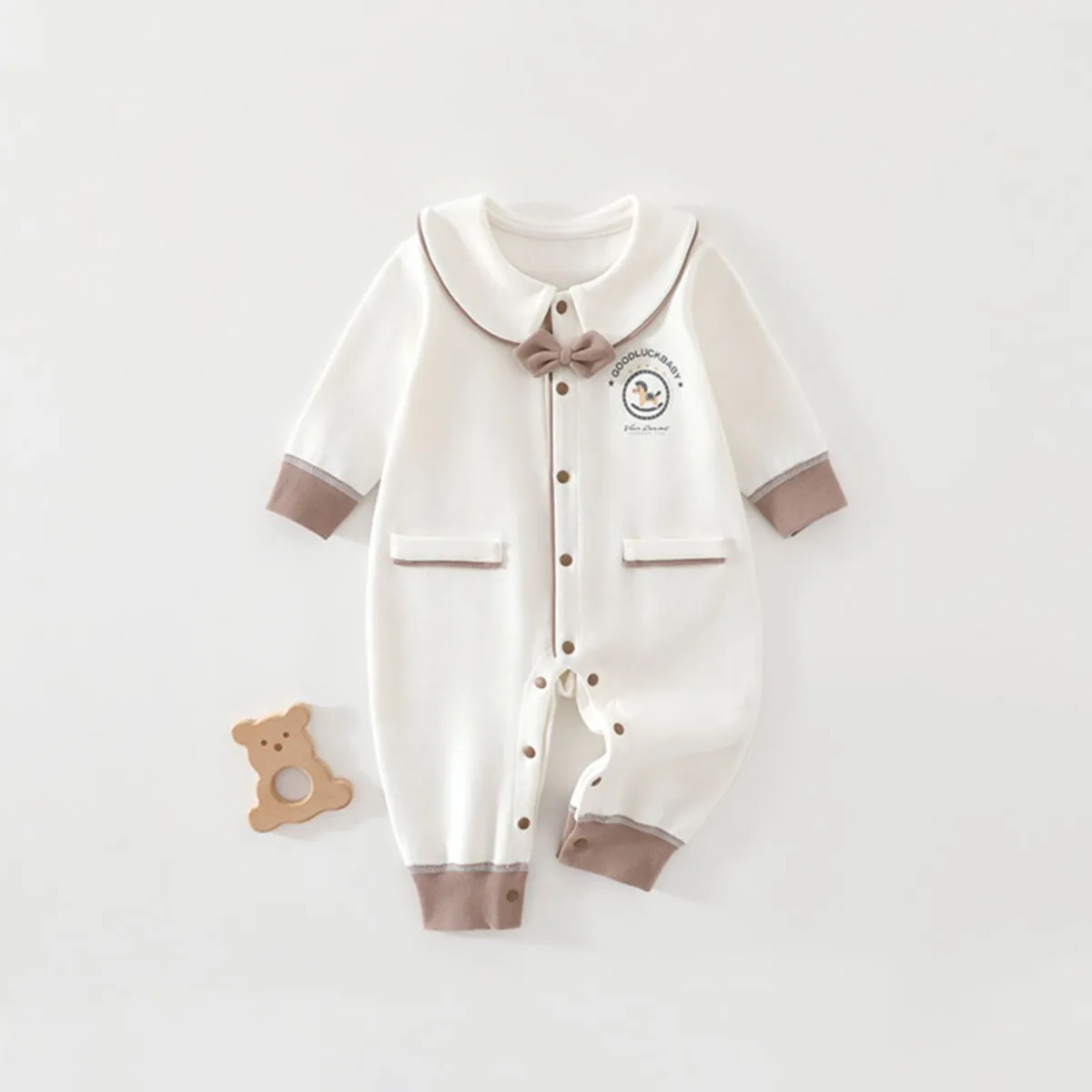 Soft Cotton Newborn Baby Romper with Peter Pan Collar & Bow Tie Long Sleeve Cute Infant Onesie for Spring Fall Wear Unisex 0-18M
