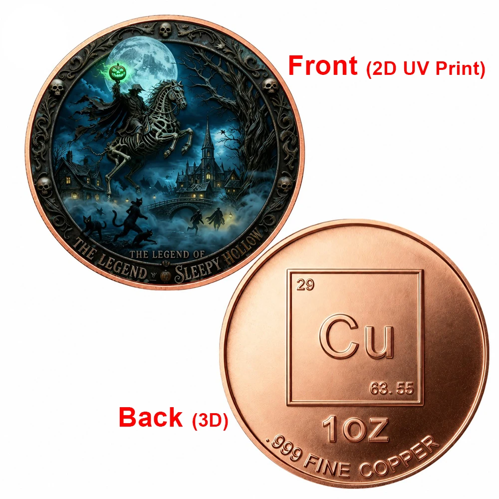 1pc The Legend of Sleepy Hollow 1oz .999 Fine Copper Challenge Coin Headless Horseman Collectible Coin Spooky Night Souvenir