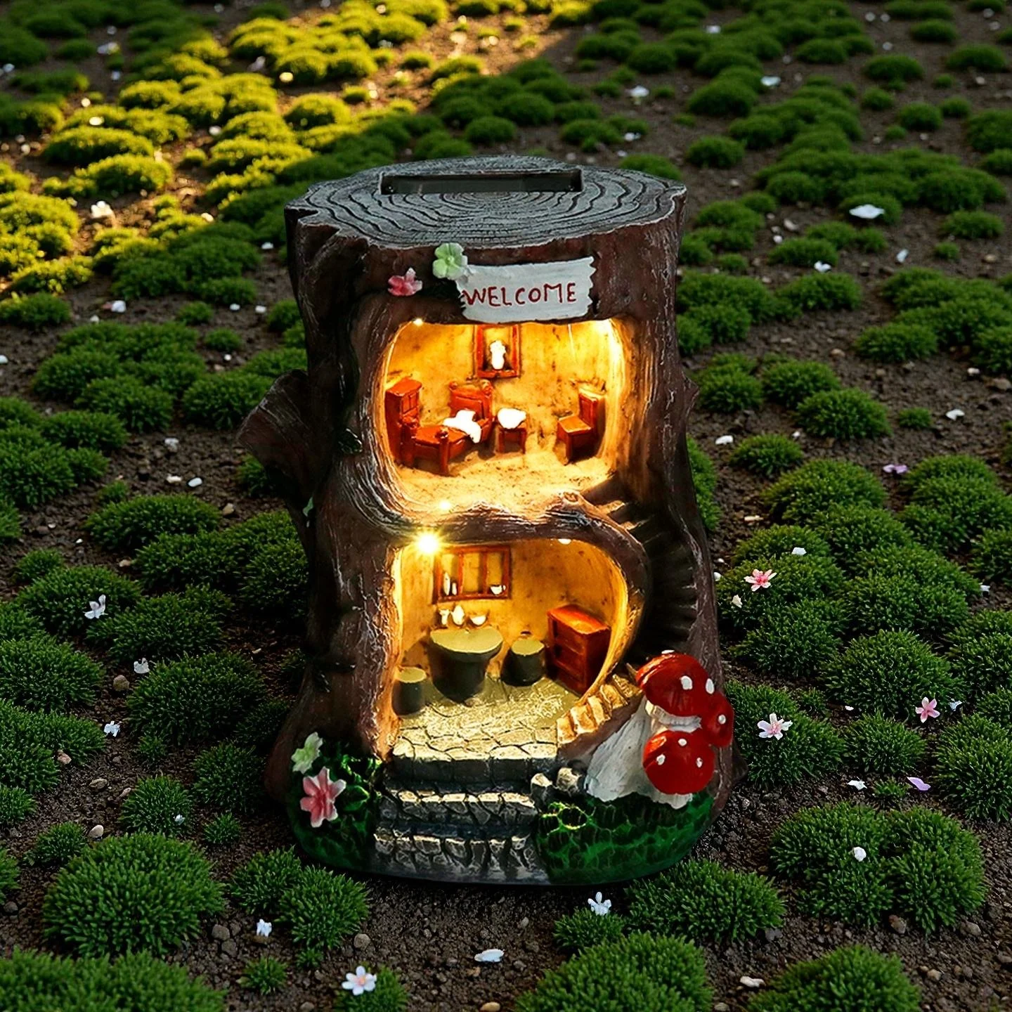 Custom Artistic Polyresin Lighted Tree Stump Fairy House Miniature Animal Pattern Handmade Hand-painted Home Figurine OutdoorPet