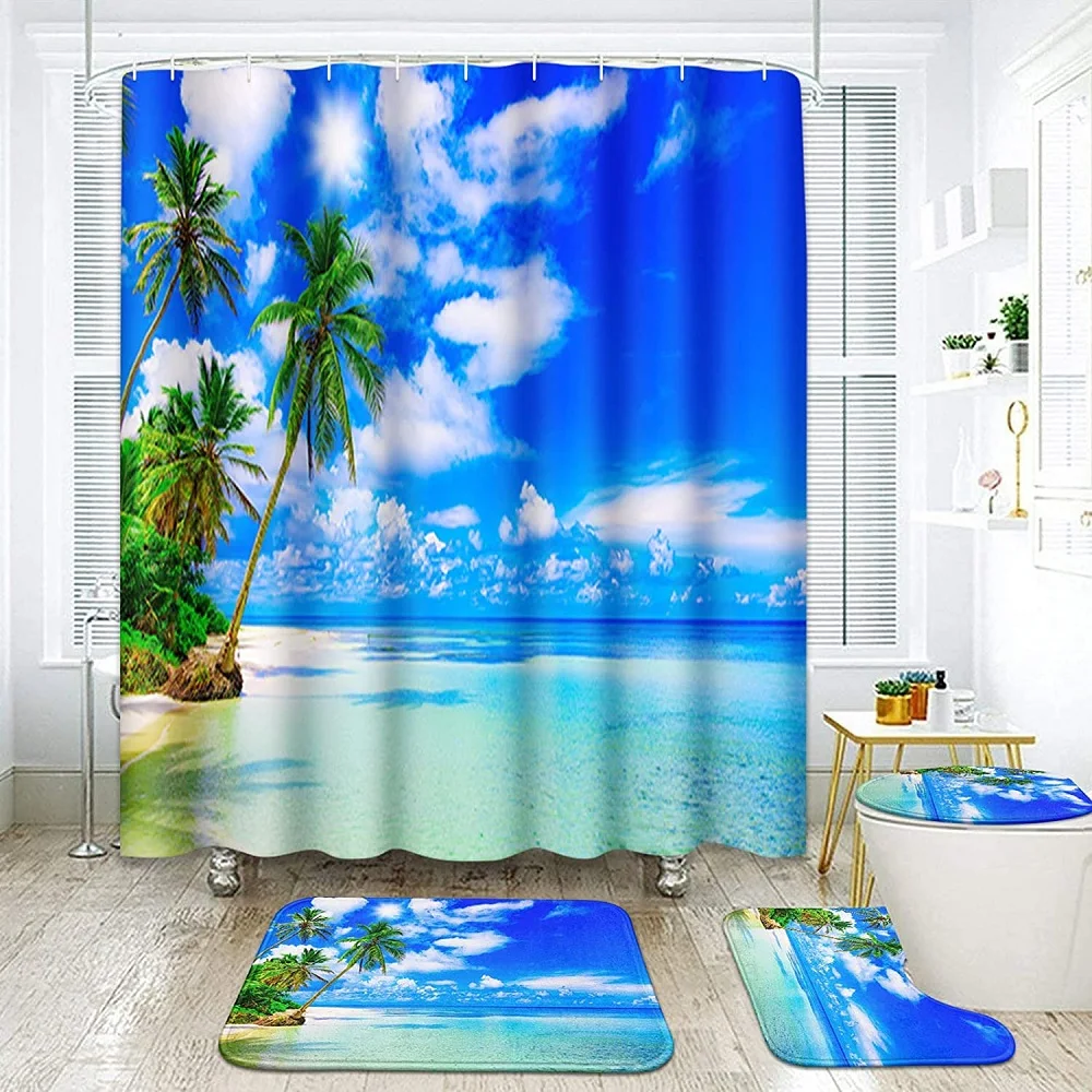 

Beach Ocean Palm Shower Curtain Set Tropical Blue Coast Sea Island Bathroom Bath Curtain Non-Slip Rugs Toilet Lid Cover Bath Mat