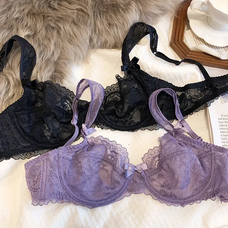 MOYISU French Romantic Ultra-thin Lace Sexy Transparent Gathering Big Breasts Show Small Underwire Bra Cover Underwear Set Women