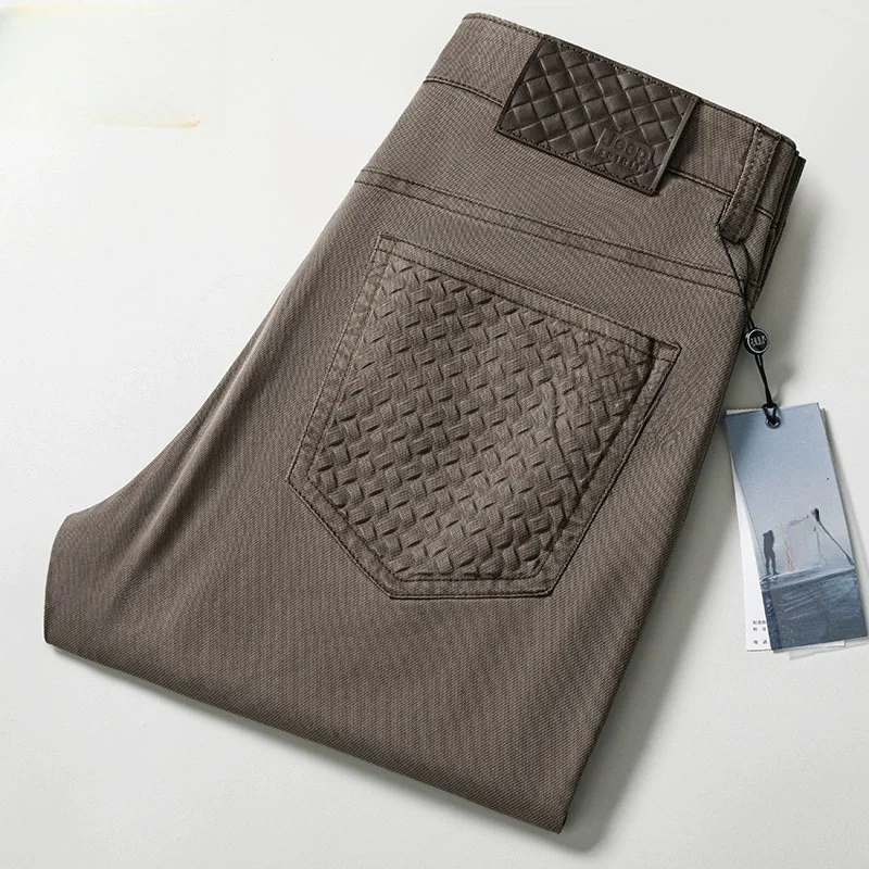 

Summer Pocket Embossed Casual Pants Black Brown Gray Straight Thin Mid Waist Mens trousers 40 42 44