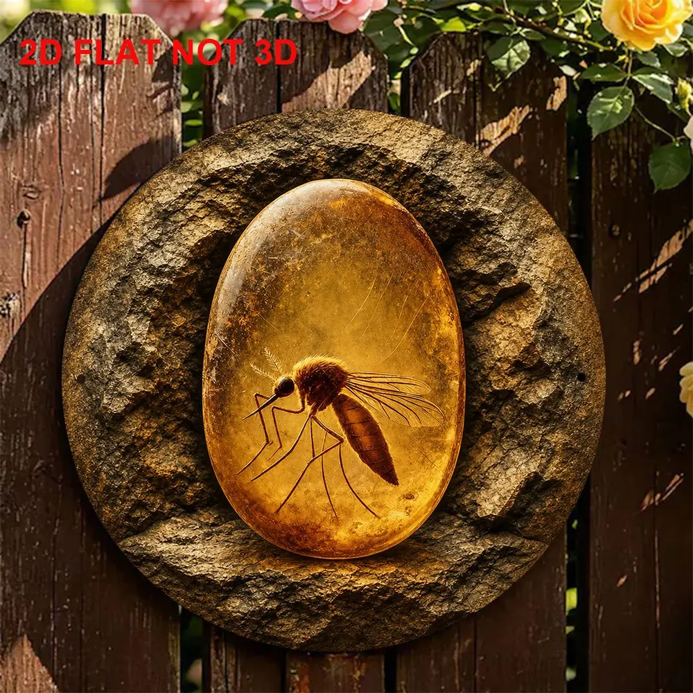 CIFBUY Vintage Amber Mosquito Fossil Round Aluminum Wall Art Waterproof Durable Prehistoric Science Natural History Decor Sign f