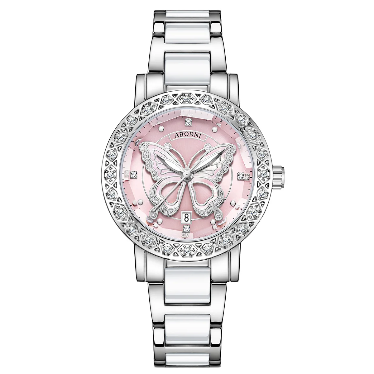Luxury Rhinestone Hollow Butterfly Large Dial Ceramic Strap Quartz Watch for Women's Fashionable Pink Waterproof Watches