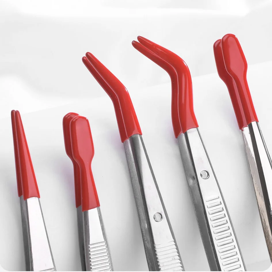 High Grade With Red Rubber Tip Stainless Steel Tweezers False Eyelash Grafting Assist Clips Coin Clamps Stamp Tweezer 200pcs/lot
