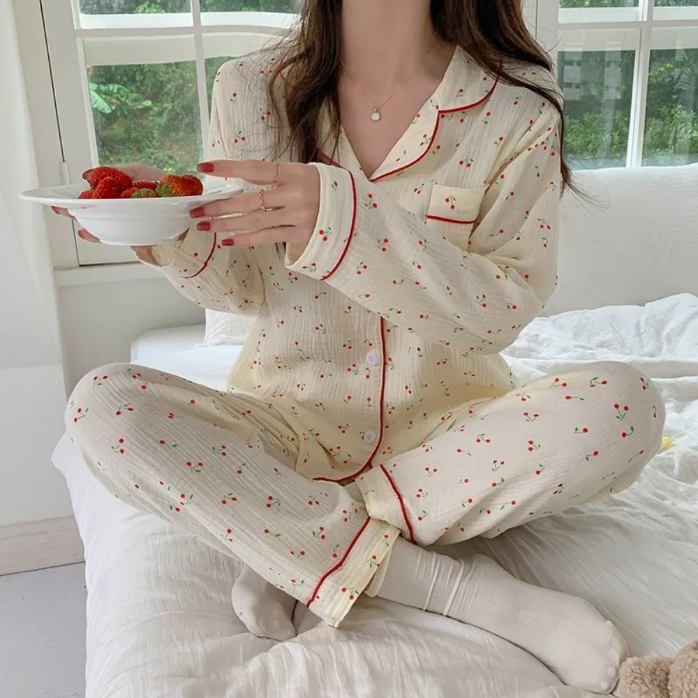 

Cute Ruffle Cherry Pajamas Women Loose Lapel Sweet Pajamas Suit Nightdress Long Sleeve Sleepwear Girl