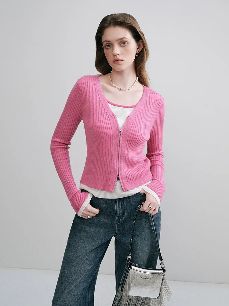 FSLE Casual Style Commuter Fake Two-piece V-neck Knitted Pullover for Women Autumn Newly Simplicity Sweater Cardigan Female